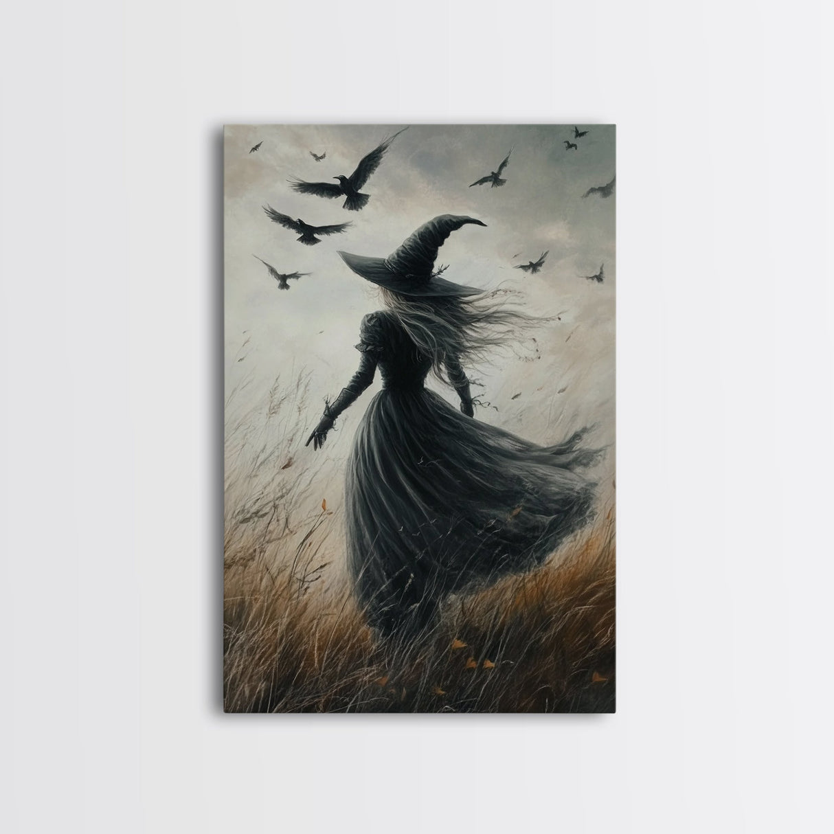 The Witch and her Ravens, Framed Canvas print, Spooky Season Halloween Wall Art, Gothic Home Decor, Witch Wall Art, Halloween Art