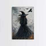 The Witch and her Crows, Framed Canvas print, Spooky Season Halloween Wall Art, Gothic Home Decor, Witch Wall Art, Halloween Art