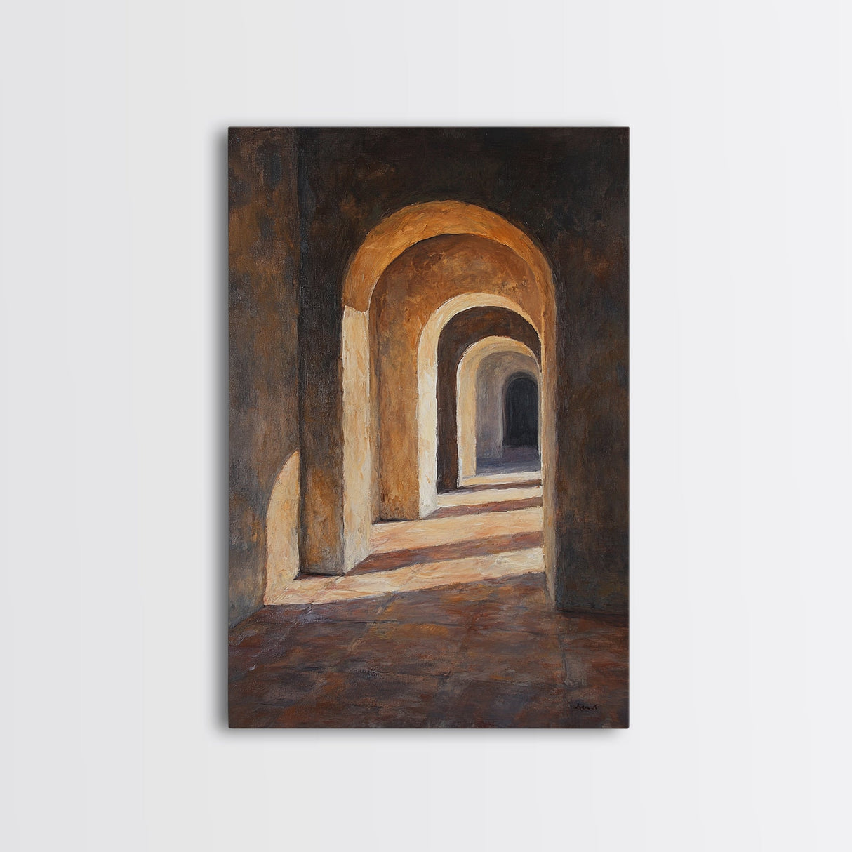 Sunlight Peaks Through the Pillars, Framed Canvas Print, Moroccan Style Wall Art, Moroccan Painting, Paint of Morocco
