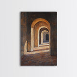 Sunlight Peaks Through the Pillars, Framed Canvas Print, Moroccan Style Wall Art, Moroccan Painting, Paint of Morocco