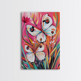 Abstract Painting Print of White Butterflies on Pink Background, Home Decor, Preppty Wall Art, Framed Canvas Print