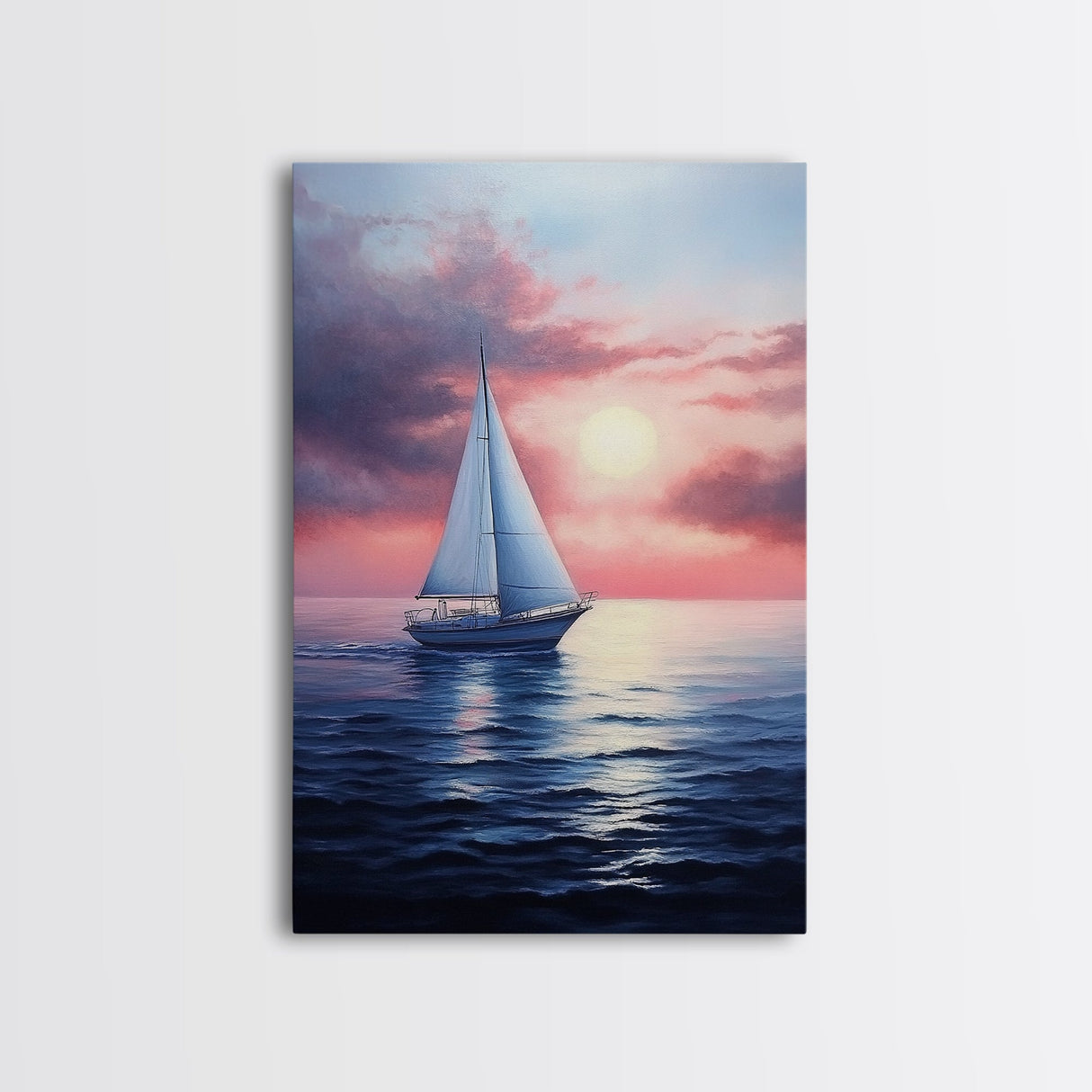 Vaporwave Sail Boat at Sunset, Framed Canvas Print, Retro Sail Boat Painting