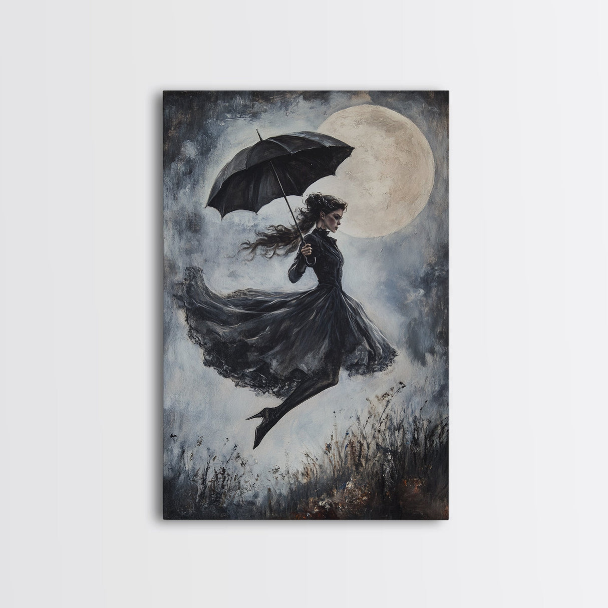 Witch Flying with an Umbrella, Framed Canvas Print, Witchy Decor, Halloween Wall Art, Goth Art, Dark Academia