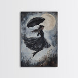 Witch Flying with an Umbrella, Framed Canvas Print, Witchy Decor, Halloween Wall Art, Goth Art, Dark Academia