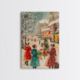 Winter Wall Art Christmas Canvas Print - 1950s Style Post Card Art - Christmas Decor - Christmas Shoppers In The Streets - Christmas Village Art