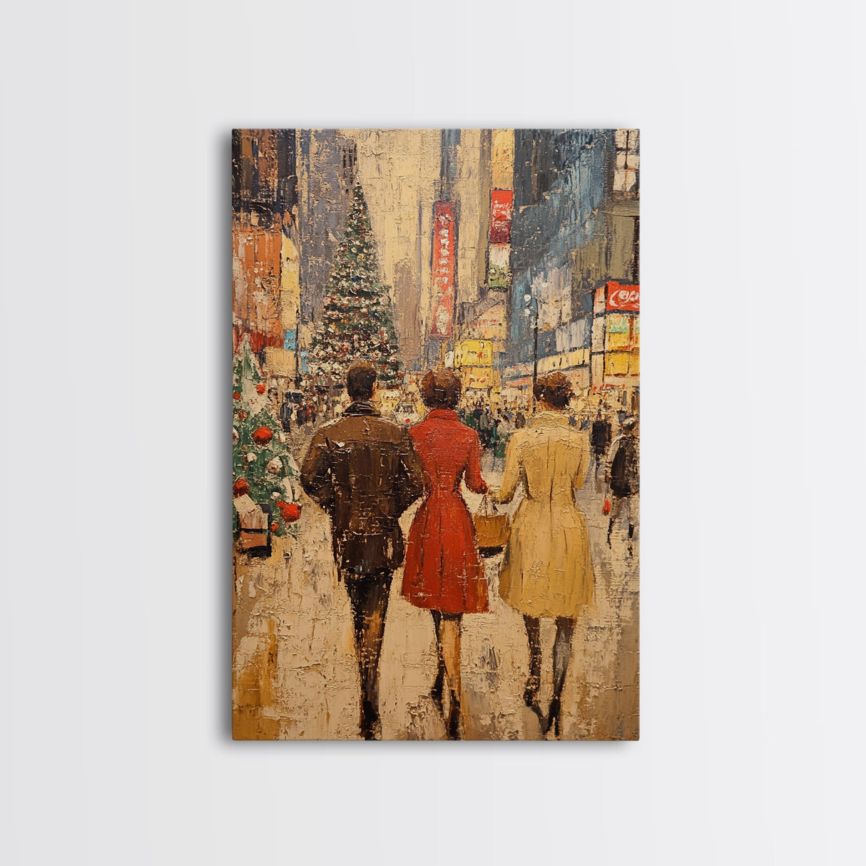 Retro Christmas Town Scene with Shoppers Walking The Streets, Framed Canvas print, Holiday Street Decor, Framed Canvas Winter Wall Art