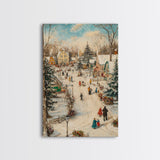 Christmas Village Mantle Painting, Christmas Mantle Wall Art, Framed Canvas Print, Retro Christmas, Vintage Christmas Painting Wall Art
