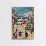 Ice Skating in The Streets on Christmas Morning Framed Canvas Print - Retro Christmas Village Wall Art - Christmas Above Mantle Centerpiece Art