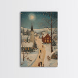 Full Moon on Christmas Even, Framed Canvas Print, Vintage Christmas Oil Painting Print, Christmas Village Wall Art, Christmas Sign, Christmas Art