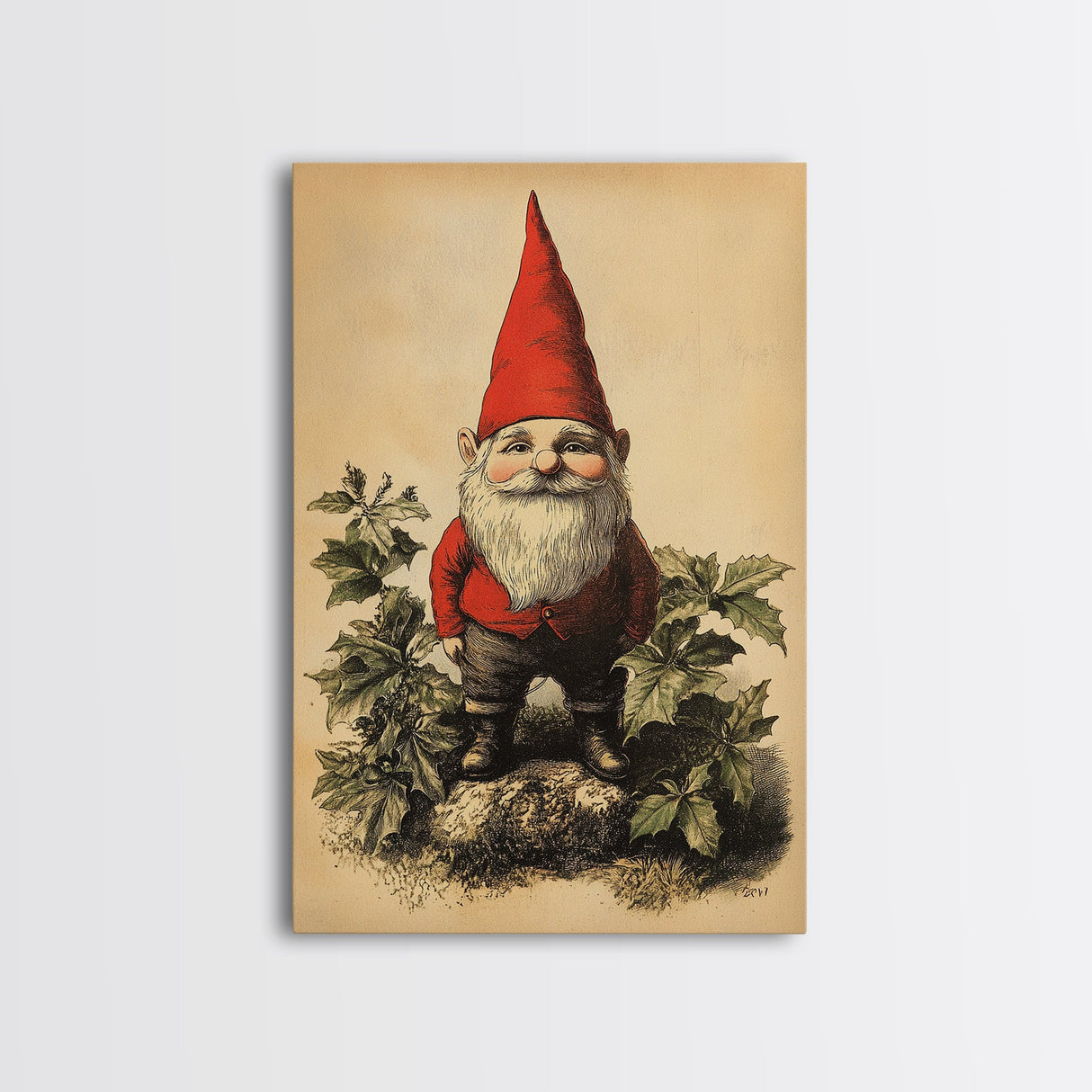 Painting of a Gnome Canvas Print - Framed Canvas - Minimalist Christmas Art - Boho Christmas Art - Rustic Christmas Art
