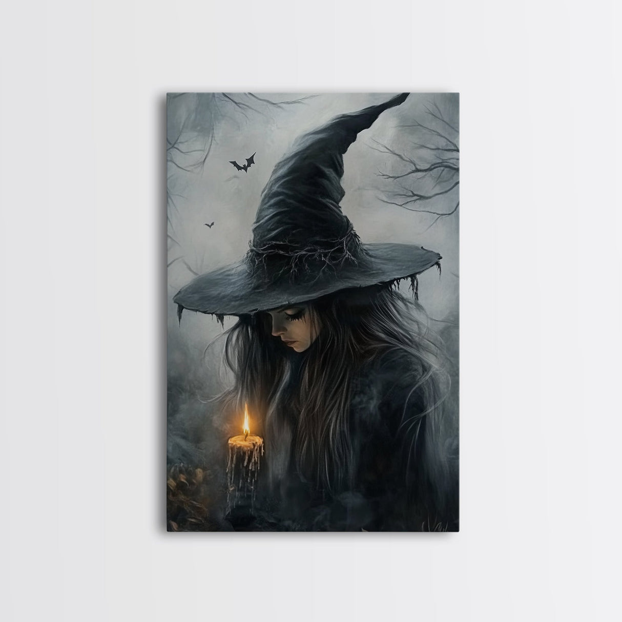 Gothic Oil Painting Print of a Witch Holding a Candle, Gothic Dark Academia Wall Art, Halloween Decor, Goth Gift Idea