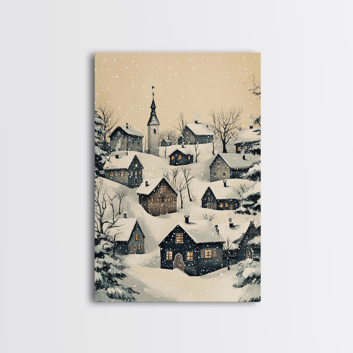 Christmas Village Canvas Print - Framed Canvas - Minimalist Christmas Art - Boho Christmas Art - Rustic Christmas Art