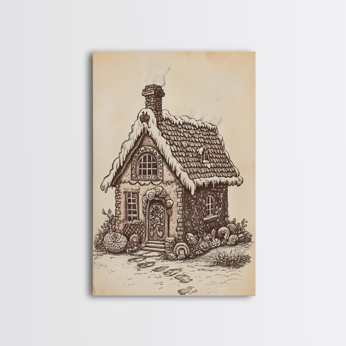 Ginger Bread House Canvas Print - Framed Canvas - Minimalist Christmas Art - Boho Christmas Art - Rustic Christmas Art