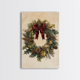Vintage Christmas Wreath Canvas Print - Framed Canvas - Minimalist Christmas Art - Boho Christmas Art - Rustic Christmas Art