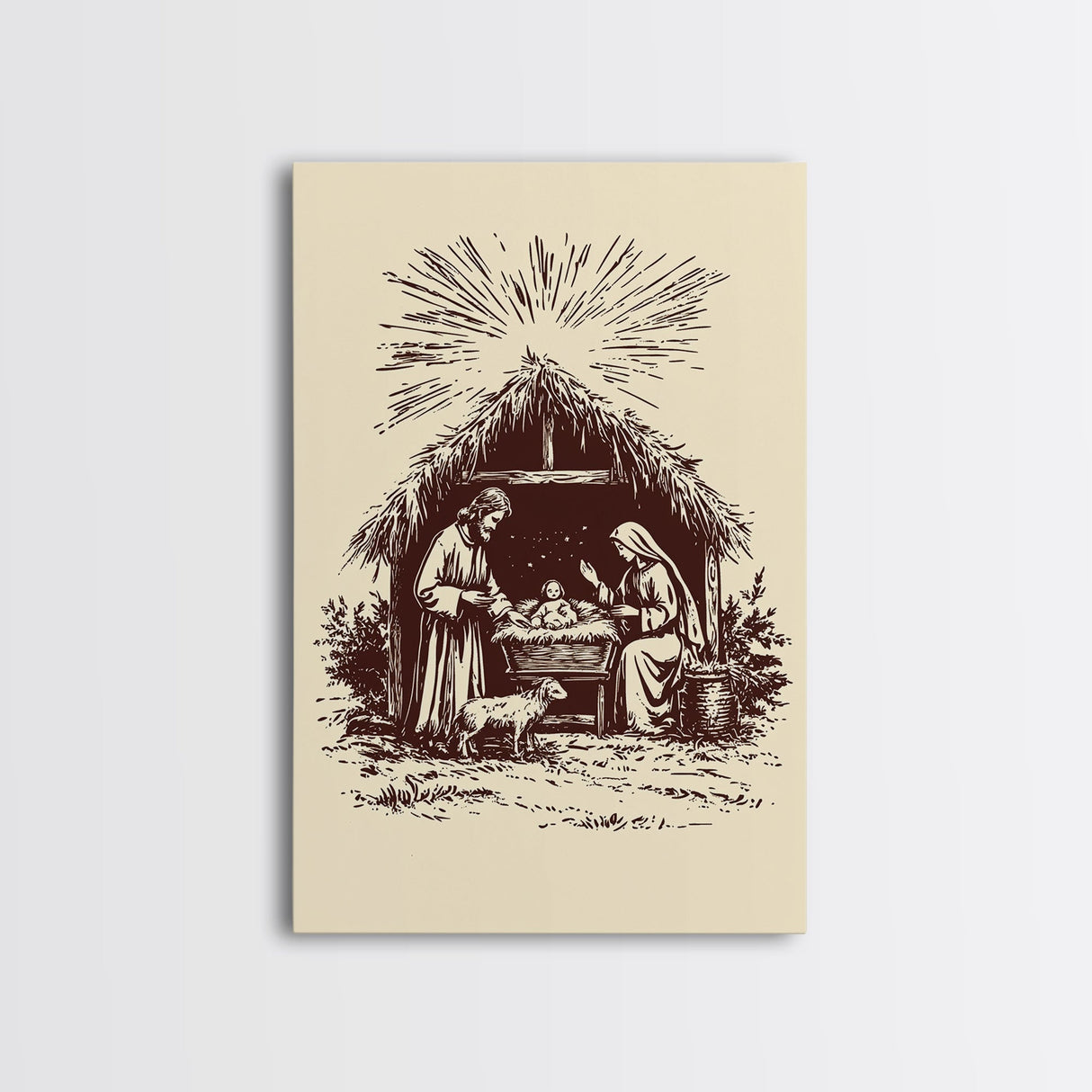 Retro Nativity Scene Canvas Print - Framed Canvas - Minimalist Christmas Art - Boho Christmas Art - Rustic Christmas Art
