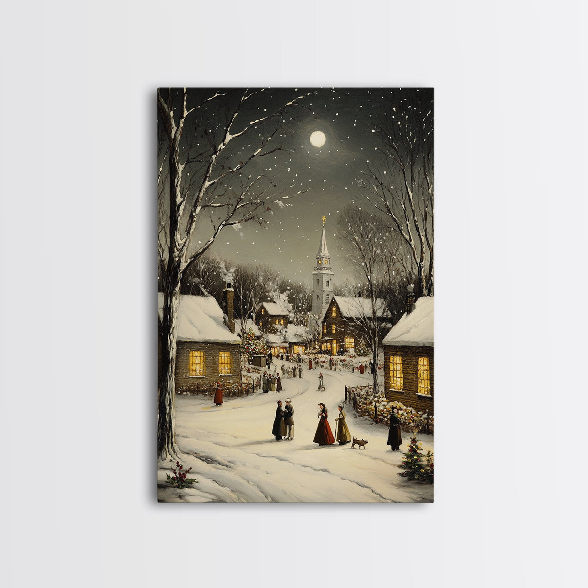 Huge Christmas Tree In The Town Square, Christmas Village Wall Art, Framed Canvas Print, Christmas Canvas Art