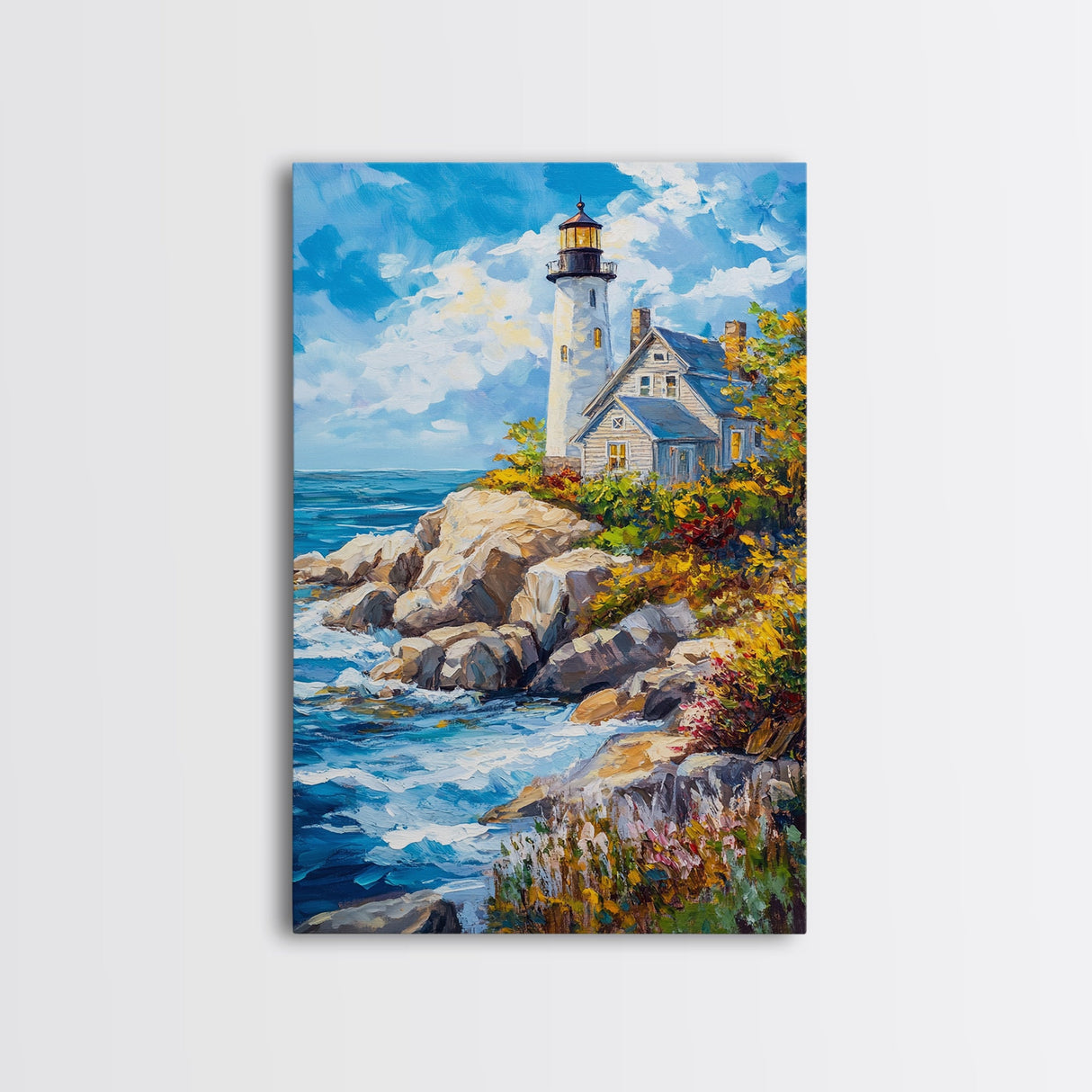 Lighthouse in Maine Framed Canvas Print, Maine Oil Painting, Coastoal Home Decor, Nautical Wall Art, Light House Oil Painting