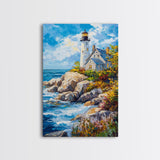 Lighthouse in Maine Framed Canvas Print, Maine Oil Painting, Coastoal Home Decor, Nautical Wall Art, Light House Oil Painting