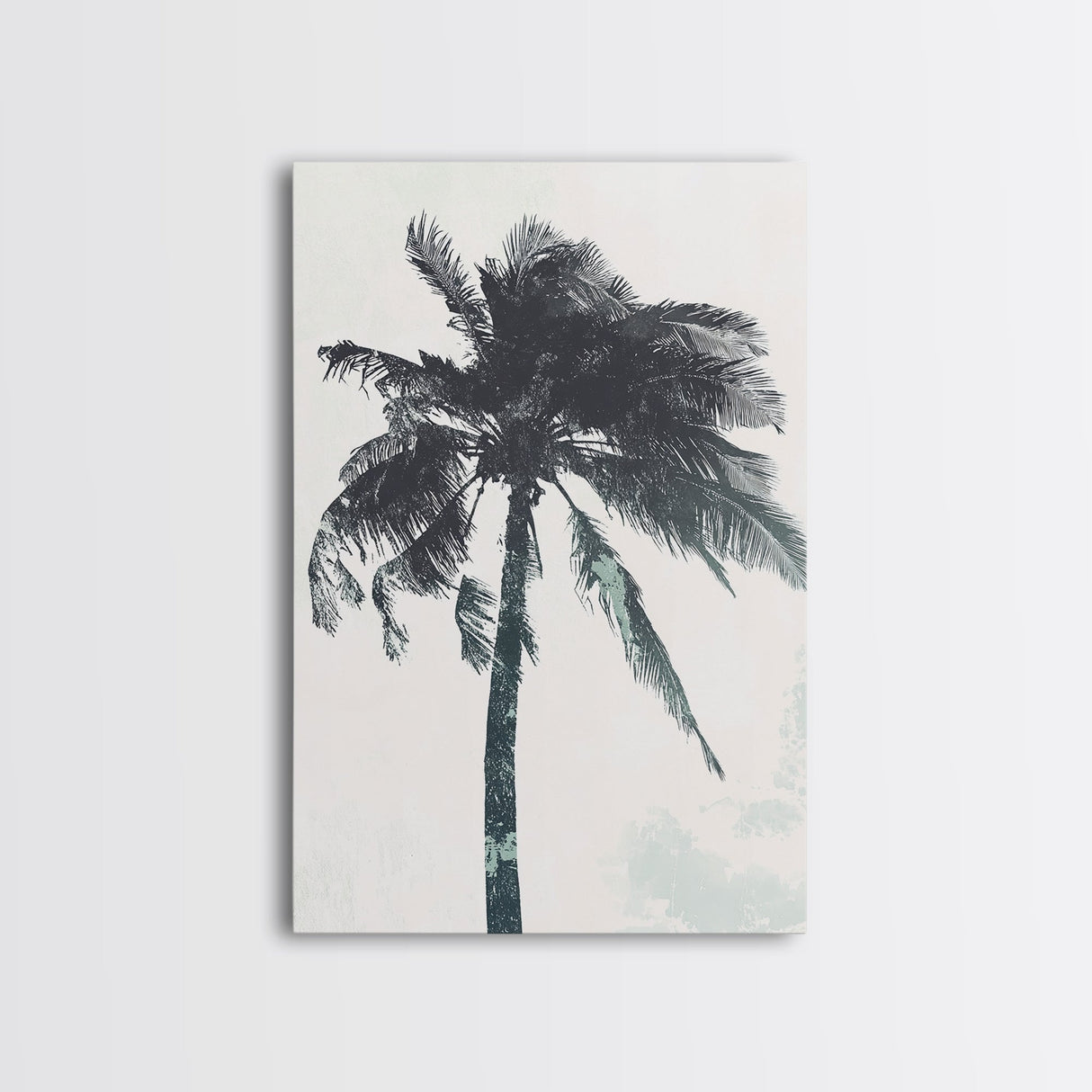 Palm Tree In The Wind, Framed Canvas Print, Wabi Sabi Watercolor Painting of a Palm Tree, Statement Piece Art