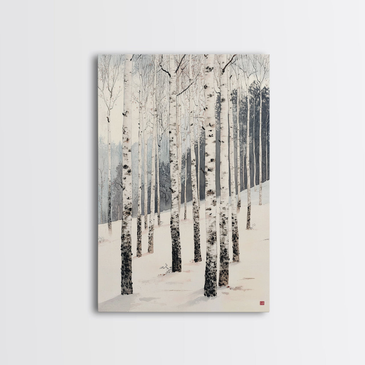 Winter Birch Tree Forest Framed Canvas Print, White Birch Trees In Winter Forest Landscape Art Print Minimalist Living Room Nature Wall Art