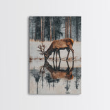 Elk Drinking Water Oil Painting Print, Framed Canvas, Deer Drinking Water In Forest Painting, Nature Decor, Cabin Wall Art, Winter Wall Art