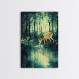 Young Deer Drinking Water In The Forest Painting Print, Wood Framed Canvas, Animal Prints, Nursery Decor, Framed Wall Art Home Decor