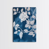 White Flowers on Blue Background Framed Canvas Print, Chinoiserie Wall Art, Boho Decor, Minimalist Wall Art, Boho Home Decor