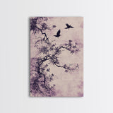 Wabi Sabi Floral Print Framed Canvas Art, Minimalist Home Decor, Purple trees with Crows, Purple Art, Boho Style Modern Art