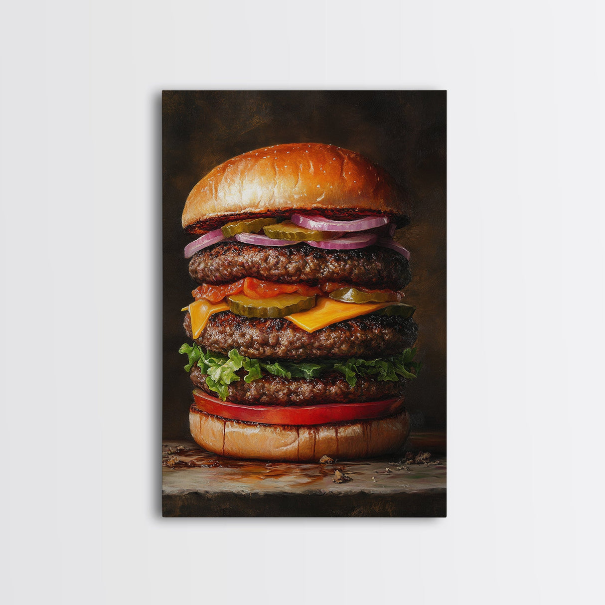 The Burg' Canvas Print, Retro Still Life Oil Painting Of a Hamburger, Canvas Print, Kitchen Decor, Dining Room Art, Funny Wall Art
