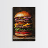 The Burg' Canvas Print, Retro Still Life Oil Painting Of a Hamburger, Canvas Print, Kitchen Decor, Dining Room Art, Funny Wall Art