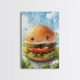 Kawaii Hamburger Canvas Print, Cute Hamburger Painting, Kitchen Decor, Kawaii Wall Art, Veggie Burger Painting