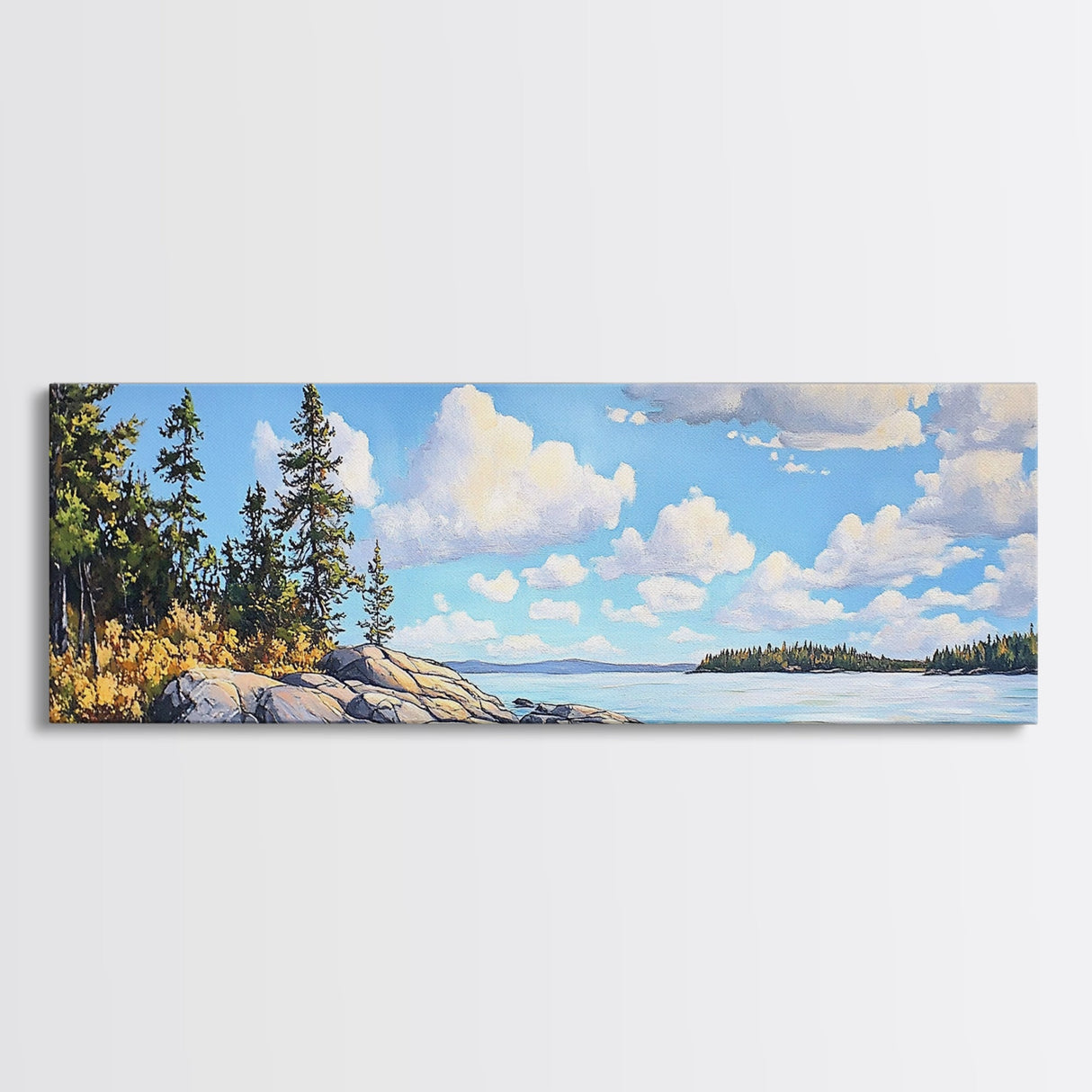 Acadia National Park, Framed Canvas Print, Acadia Watercolor Art Painting, Extra Wide Panoramic Wall Art, Horizontal Mountain Landscape Painting