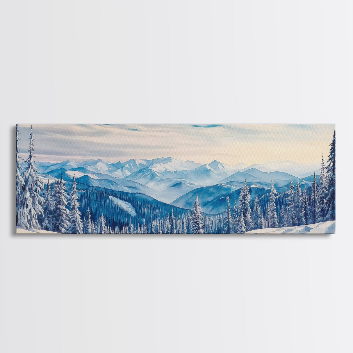 Winter Forest Landscape Painting Print, Horizontal Wall Art, Pine Tree Forest Covered in Snow, Mountain Painting, Mountain Landscape Art