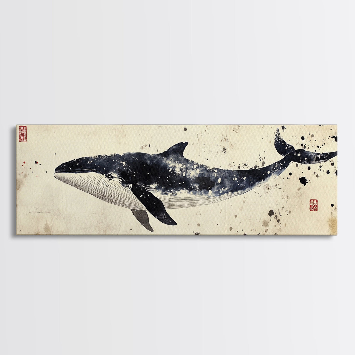 Whale Art Wabi Sabi Panoramic Oil Painting Print, Japanese Style Wall Art - Whale Decor - Whale Art Print - Living Room Decor - Minimalist