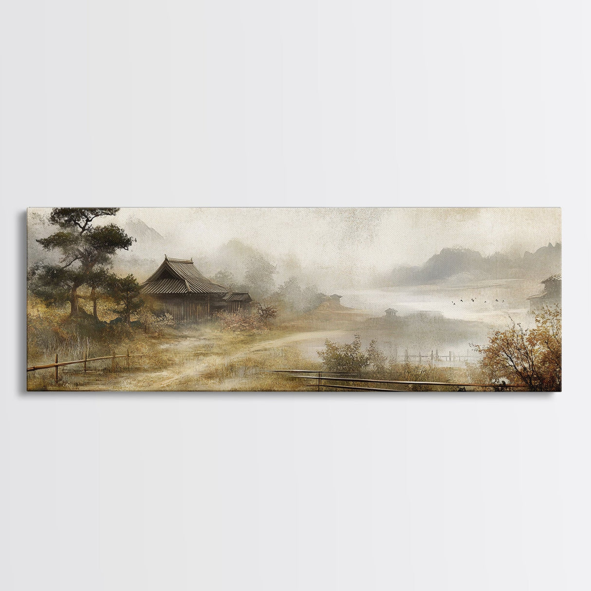 Retro Landscape Print - Landscape Painting - Wabi Sabi Panoramic Wall Art - Minimalist Home Decor - Ancient Japan Landscape Painting