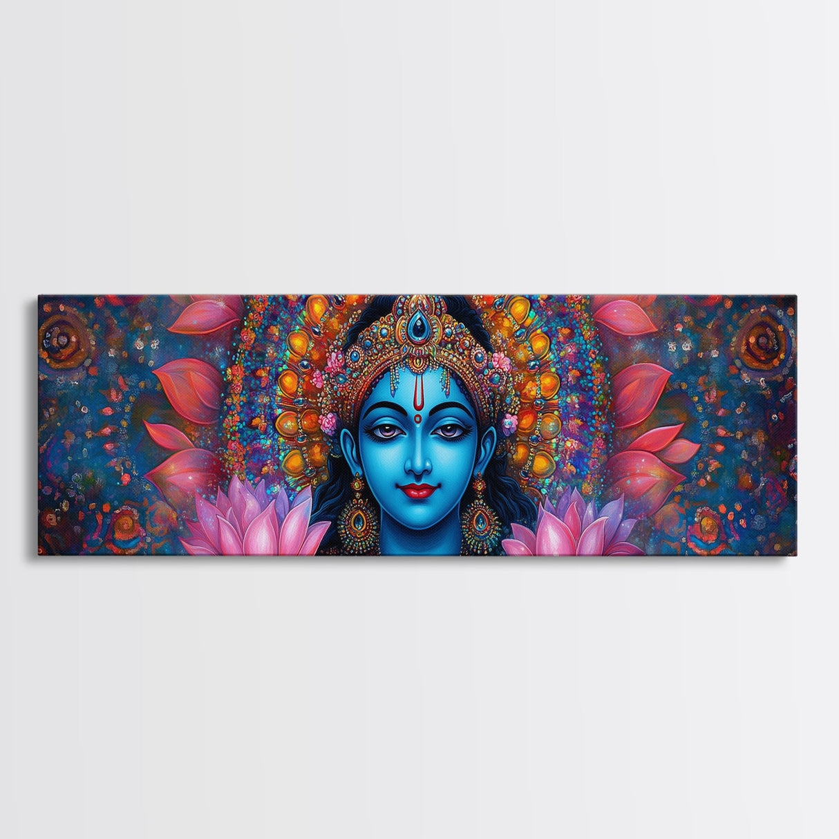 Krishna Painting Print, Ready To Hang Canvas Wall Art, Radha Krishna Art, Panoramic Art, Extra Wide Horizontal Art, Hinduism Wall Art