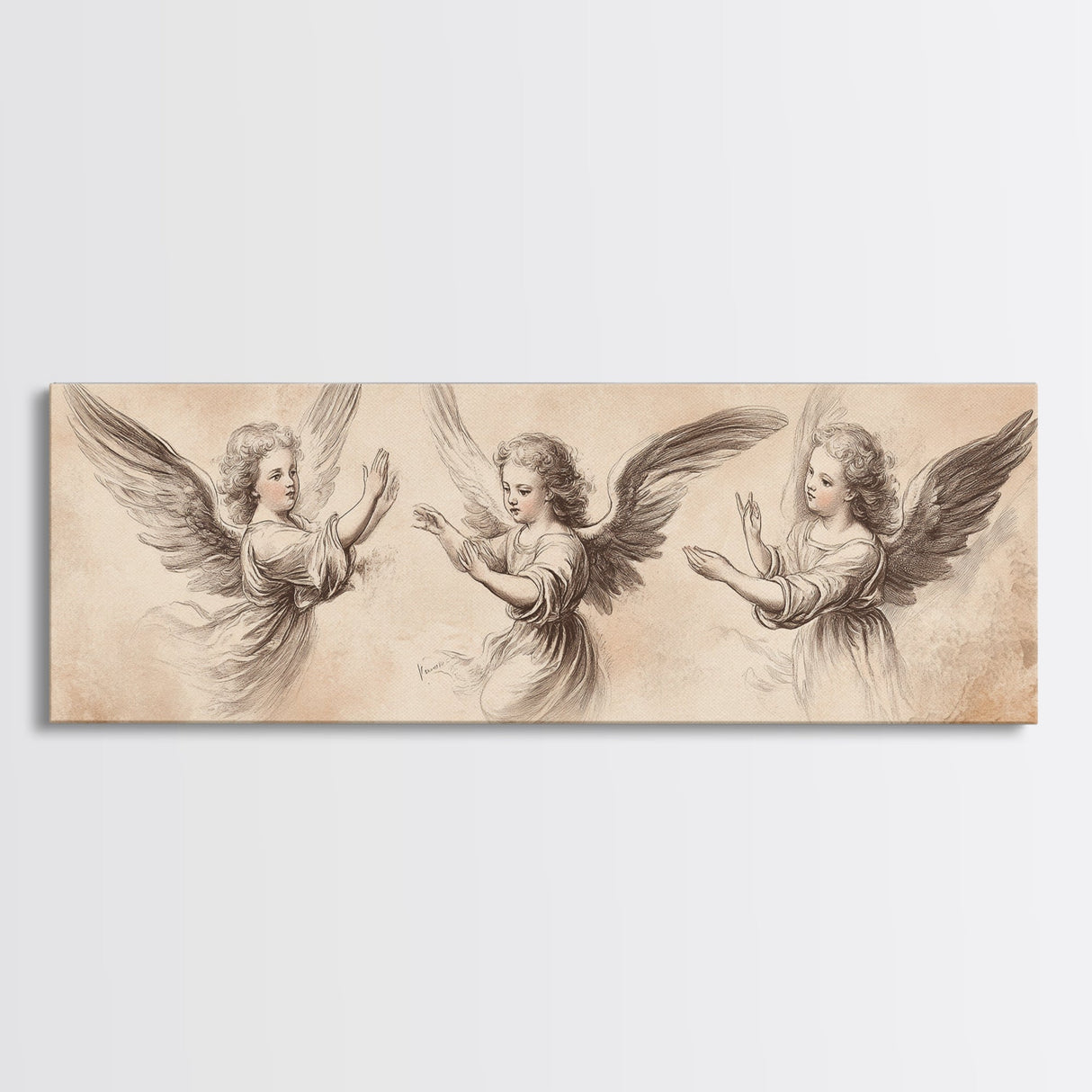 Painting of 3 Angels Canvas Print, Guardian Angels Wall Art, Angel Sketch, Angel Painting, Angelic Home Decor, Extra Wide Wall Art