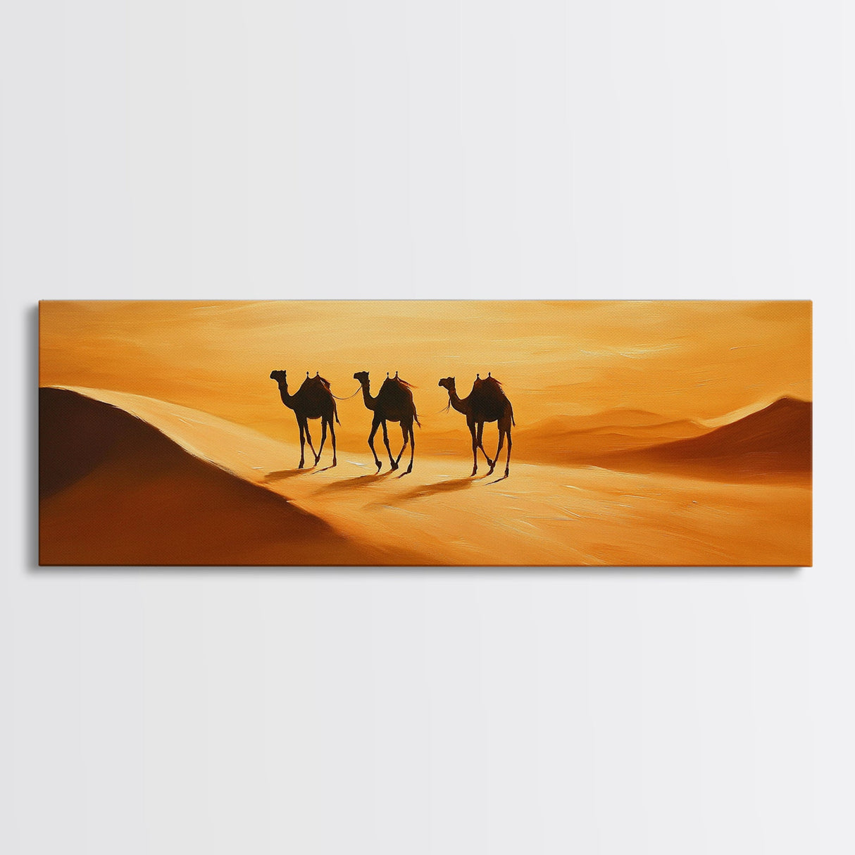Camels in the desert Framed Canvas Print, Desert Painting, Desert Wall Art, Southwestern Decor, Minimalist Decor, Orange Hues Art
