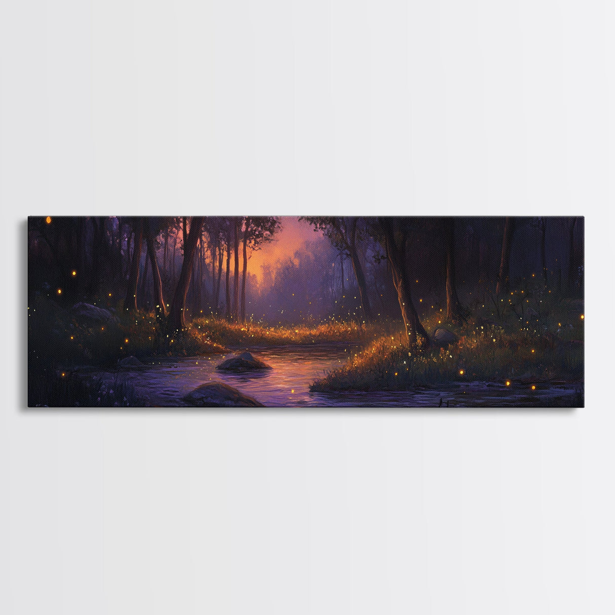 Panoramic Fantasy Forest Canvas Print, Fireflies Light Up The Night Sky in A Fantasy Forest,  Fantasy Painting