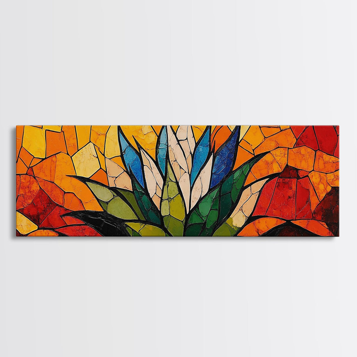 Stained Glass Style Blue Agave Wall Art Canvas Print, Mexicano Wall Art, Panoramic Southwestern Home Decor, Modern Farmhouse Rustic Art