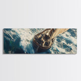 The Storm - Sailboat Battles a Hurricane Framed Canvas Print Panoramic Nautical Decor Fisherman Painting Nautical Landscape Painting