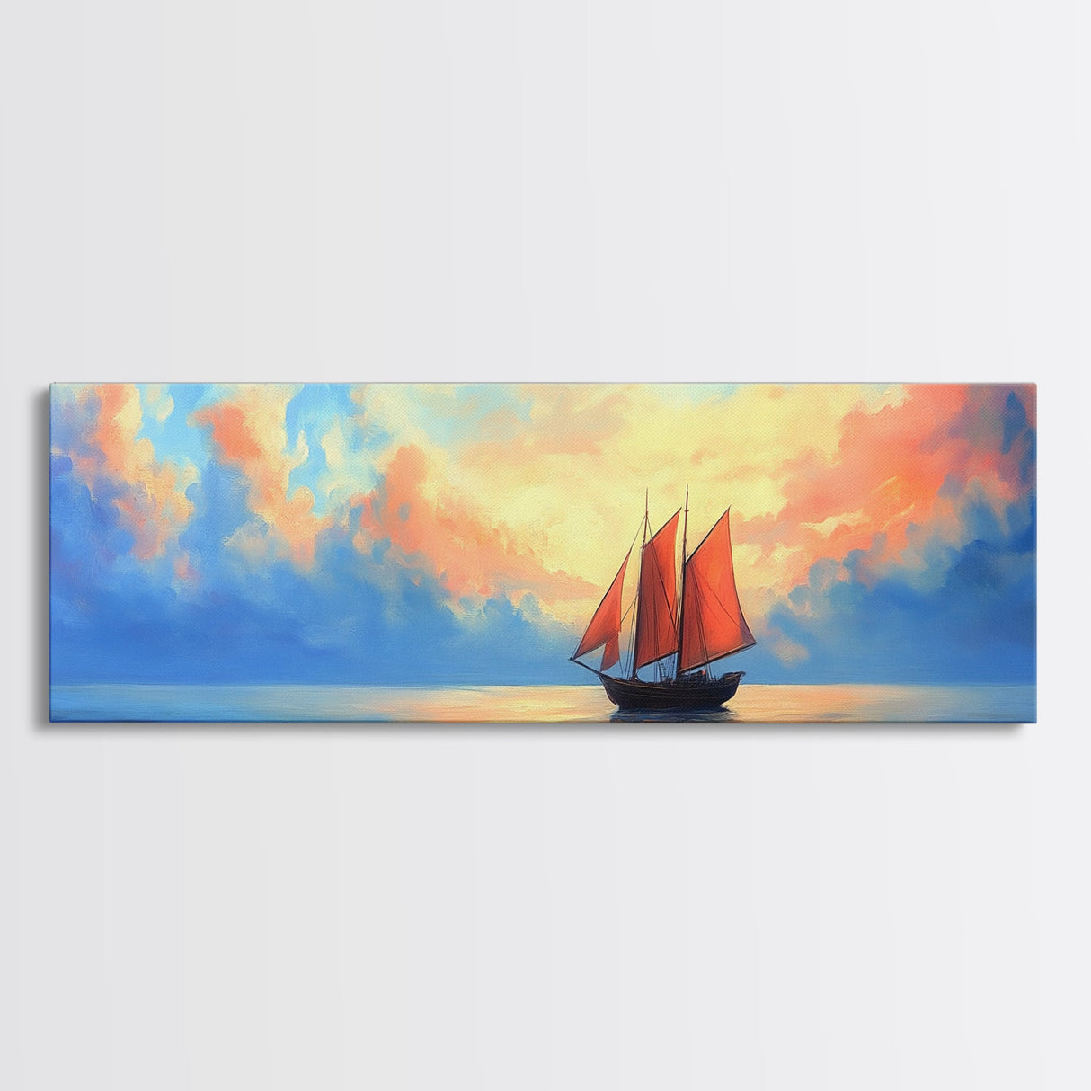Japanese Sailboat on a Calm Sea, Framed Canvas Print, Panoramic Seascape Landscape Painting, Nautical Home Decor, Ocean Painting