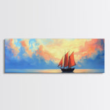 Japanese Sailboat on a Calm Sea, Framed Canvas Print, Panoramic Seascape Landscape Painting, Nautical Home Decor, Ocean Painting