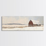 Barn Landscape Oil Painting Print - Retro Farm Wall Art - Village Wall Art - Old Red Barn In Winter - Winter Landscape - Winter Centerpiece Art