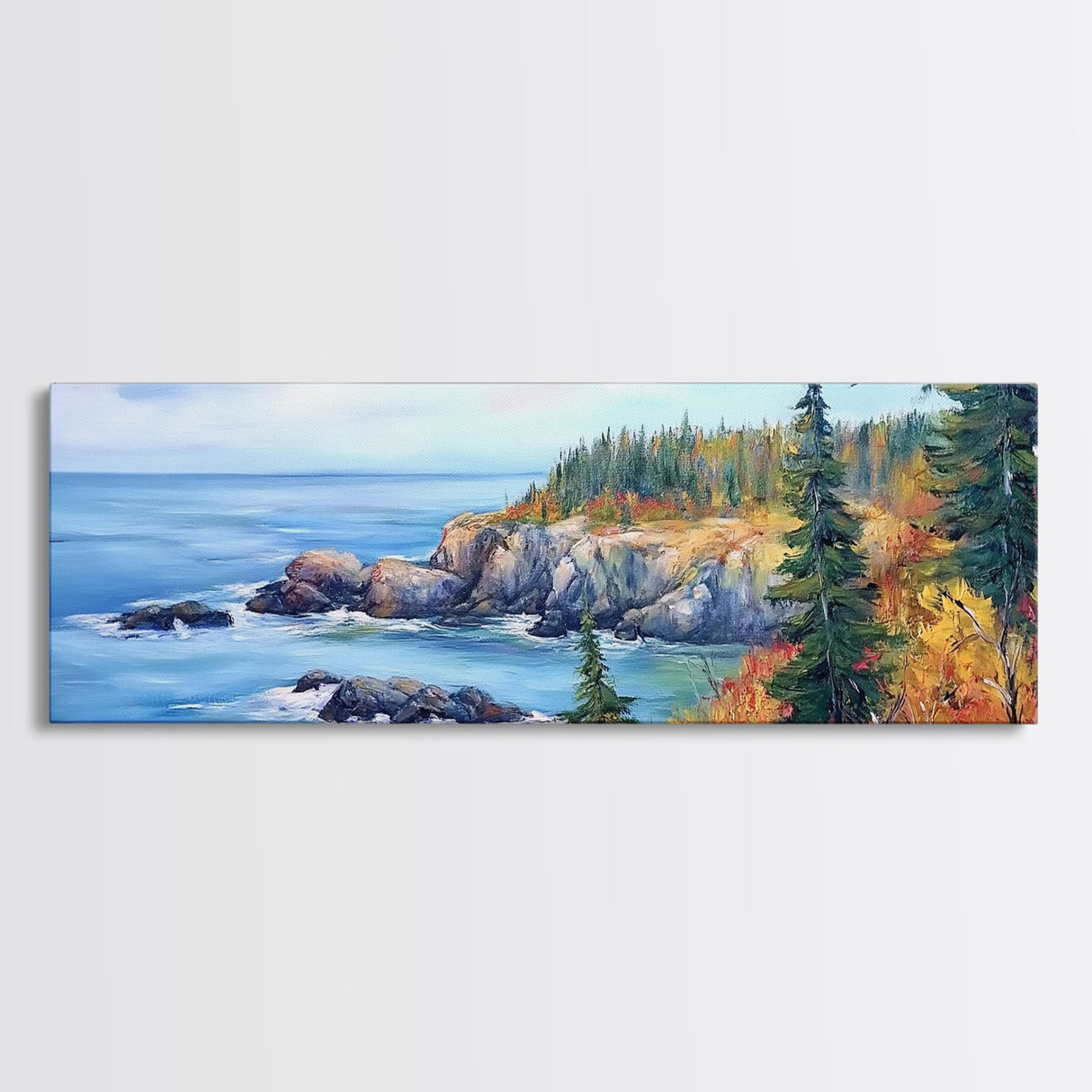 Acadia National Park, Framed Canvas Print, Acadia Watercolor Painting, Extra Wide Panoramic Wall Art, Horizontal Mountain Landscape Painting