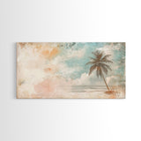 Distressed Painting Print of a Lone Palm Tree on a Beach, Framed Canvas Print, Retro Nautical Landscape Painting, Beach Wall Art, Beach Print