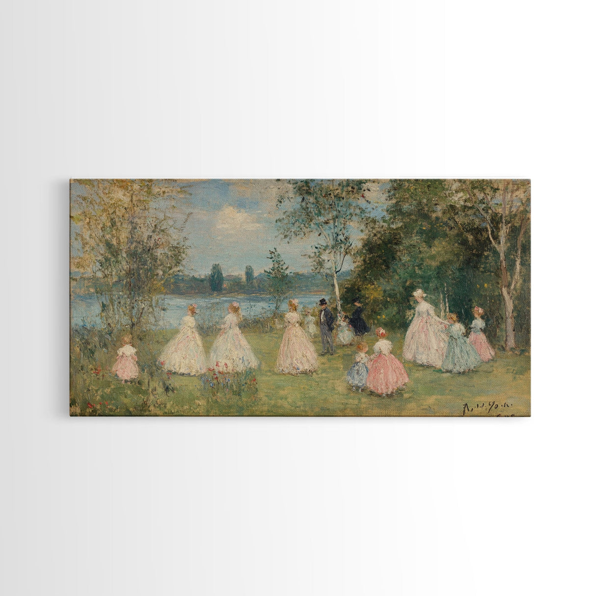 Victorian Spring, Framed Canvas Print, Victorian Style Oil Painting of Ladies On The River