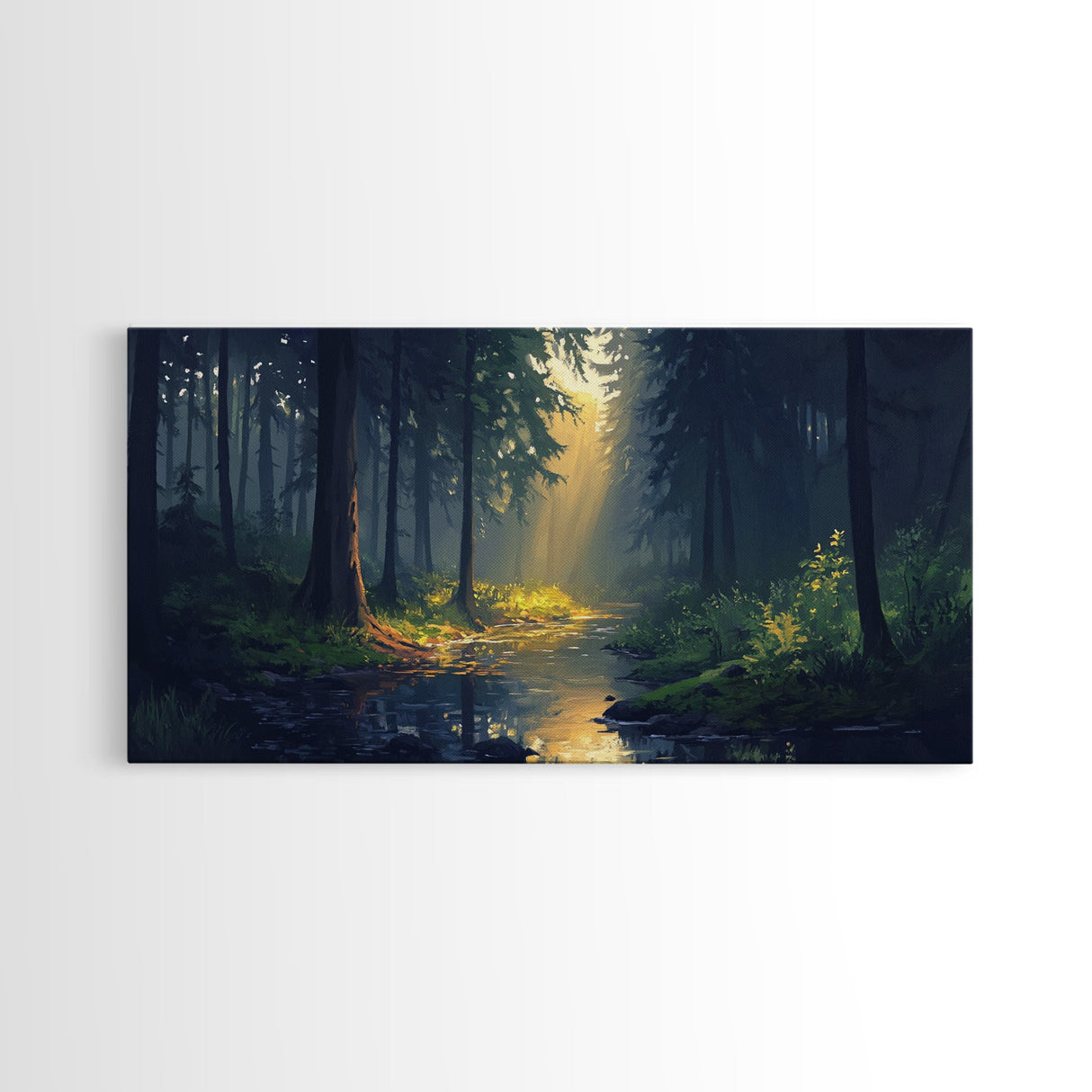 Sun Shines Through The Forest Trees, Framed Canvas Print, Fantasy Landscape Painting, Forest Landscape Oil Painting Print, Living Room Decor