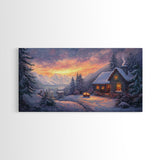 Snow Falls In The Mountains at Sunset, Framed Canvas Print, Retro Christmas Wall Art, Winter Not Christmas Wall Art, Winter Wall Art