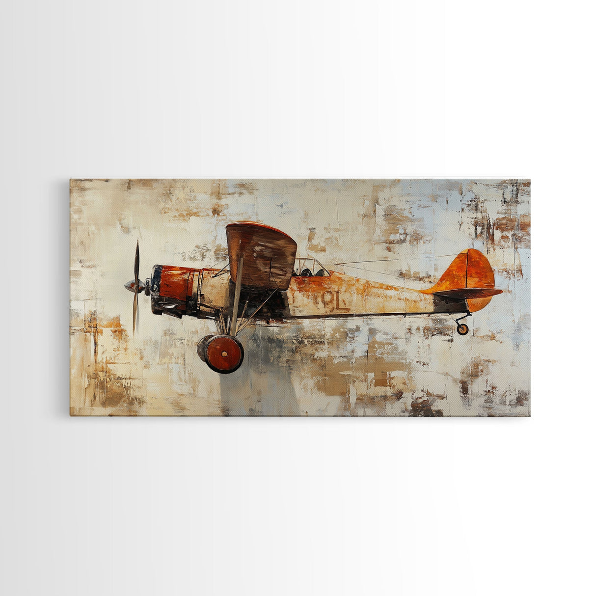 Retro 1920s Airplane In Flight Framed Canvas Print, Airplane Painting, Biplane Painting, Office Decor, Office Wall Art